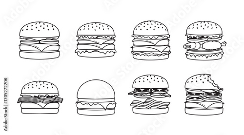 Collection of hand drawn burger illustrations in a distinctive silhouette style