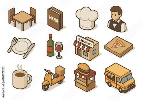Isometric restaurant and food icons set featuring dining, delivery, and cooking themes