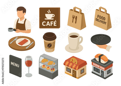Isometric café and restaurant icons set with food and beverage elements