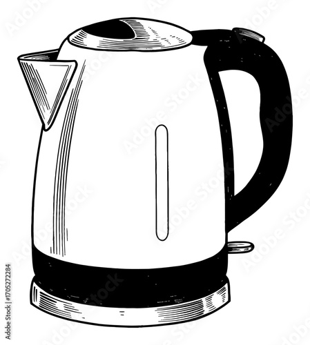 Electric Kettle Kitchen Appliance Side View Black and White Outline Line Art Drawing Isolated Object