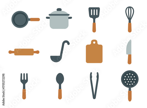 Essential kitchen tools collection: pots, pans, and utensils in flat design