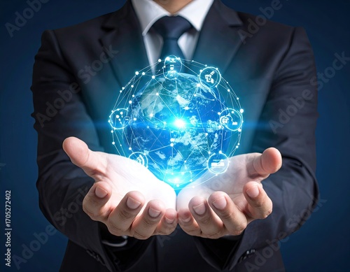 Businessman Holding Glowing Digital Globe Representing Global Network and AI Ethics