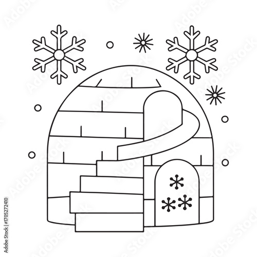 Line art illustration of an igloo with a spiral entrance and snowflakes falling snow house ice house