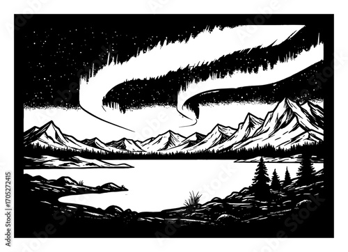 Arctic landscape with lake mountains and aurora borealis coloring book style Black and White Outline Line Art Drawing