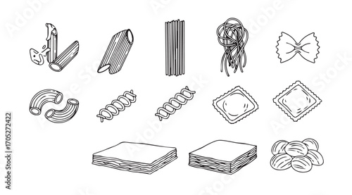 Collection of various pasta shapes in a hand drawn silhouette style