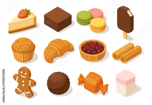 Isometric sweet treats assortment with cakes, cookies, and candies
