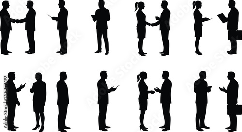 Business people silhouettes shaking hands, discussing and communicating, professional men and women in formal wear, corporate teamwork and meeting vector