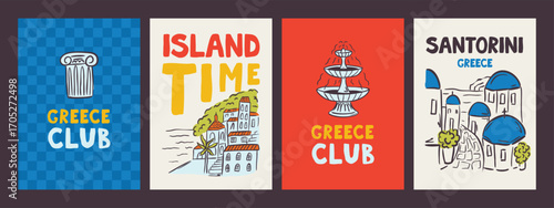 Whimsical hand drawn summer poster and postcard template in trendy hand drawn style. Perfect doodle for greece italian  restaurant and cafe, kitchen wall art, poster, party, birthday, sign