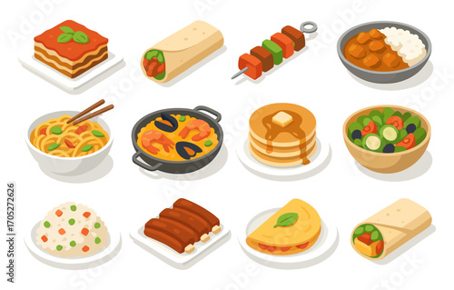 Isometric food icons: global dishes and diverse cuisines in modern style