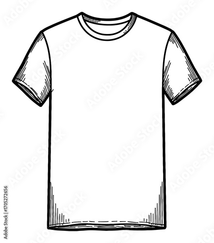 Detailed Blank TShirt Apparel Garment Black and White Outline Line Art Drawing Ready for Custom Design
