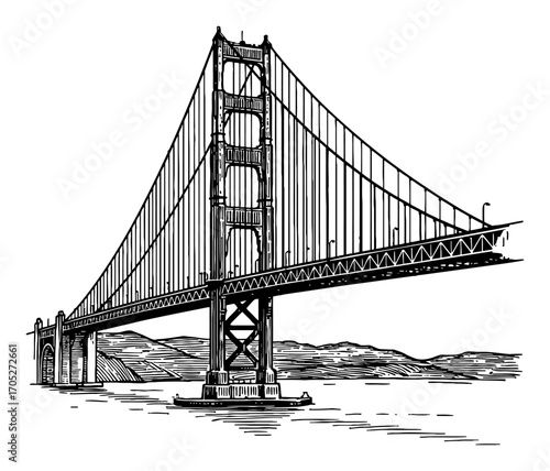 Golden Gate Bridge Side View Black and White Outline Line Art Drawing Historic Landmark Cityscape Vector