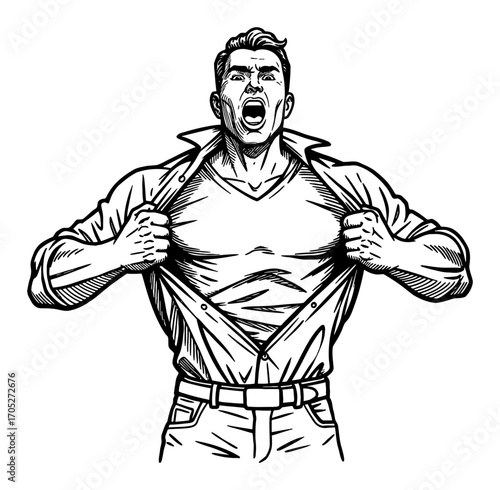 Muscular Man Tearing Open His Shirt Revealing T Shirt Like a Superhero Black and White Outline Line Art Drawing