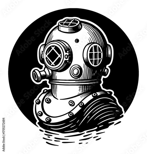 Retro Deep Sea Dive Helmet Simple Logo Black and White Outline Line Art Drawing in Vintage Engraving Style Isolated Object