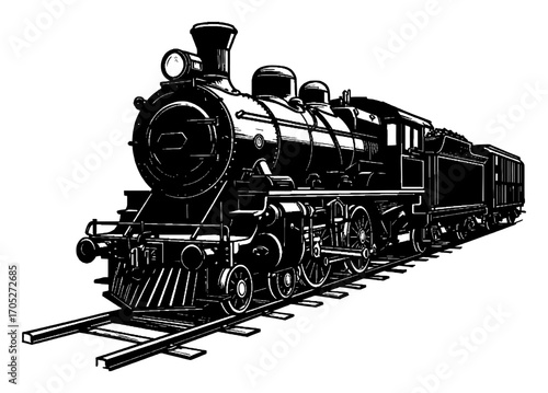 Detailed Classic Steam Locomotive on Rail Road Tracks Vintage Black and White Outline Line Art Drawing