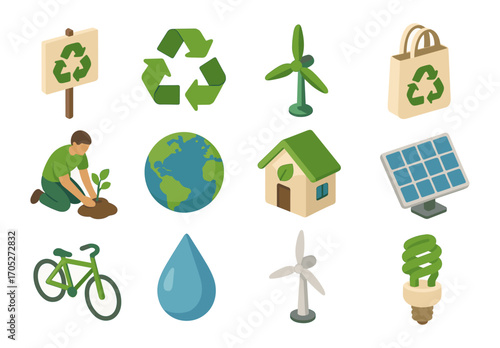 Eco-friendly icons collection featuring recycling, renewable energy, and conservation symbols in isometric style