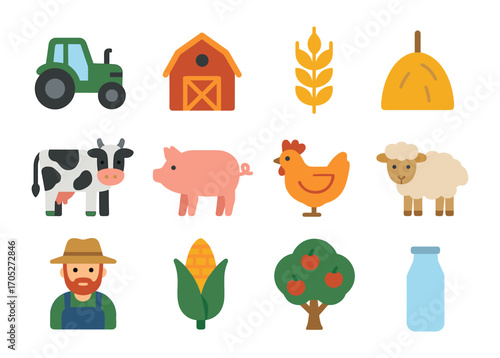 Colorful farm icons with animals, crops, and equipment for agriculture-themed designs