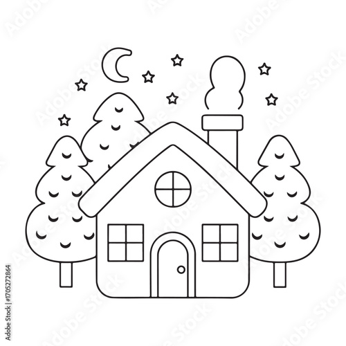 Outline illustration of a cozy house at night with Christmas trees, moon, and stars home building