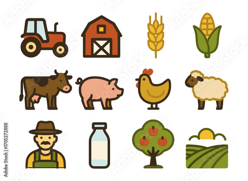 Colorful agricultural icons featuring farm animals, crops, and equipment