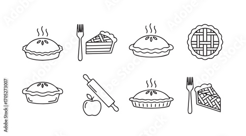 Collection of hand drawn pie baking and serving elements silhouette