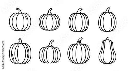 Collection of hand drawn pumpkin and squash silhouettes for autumn harvest design