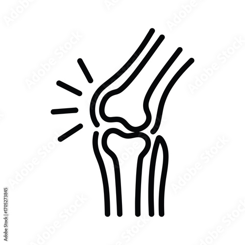 Stylized line art icon of a knee joint with pain radiating