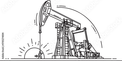 Vector Line Art Illustration of an Oil Pumpjack with a Stylized Sun