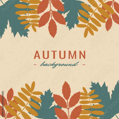 Autumn background. Autumn card with colorful leaves and berries with vintage color. Fall season vector illustration with texture for printing holiday invitations, covers, posters and banner