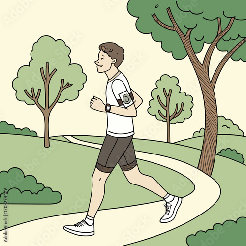 Cartoon illustration of a young man jogging in the park, wearing sportswear, smartwatch and headphones, enjoying outdoor fitness and healthy lifestyle on a sunny day