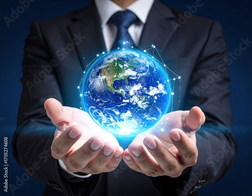 Businessperson Holding Glowing Digital Earth Globe