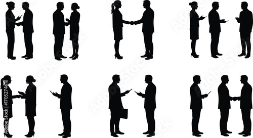 Business people silhouettes shaking hands, discussing, and communicating, professional men and women in formal wear, corporate teamwork vector illustration