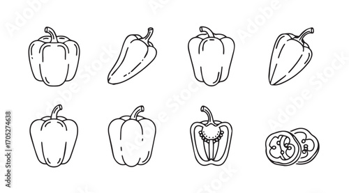 Collection of hand drawn bell pepper and chili pepper silhouettes