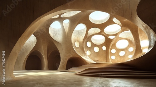 Organic architecture, warm tones, flowing lines, perforated walls, natural light, serene interior, wood, curves, spacious