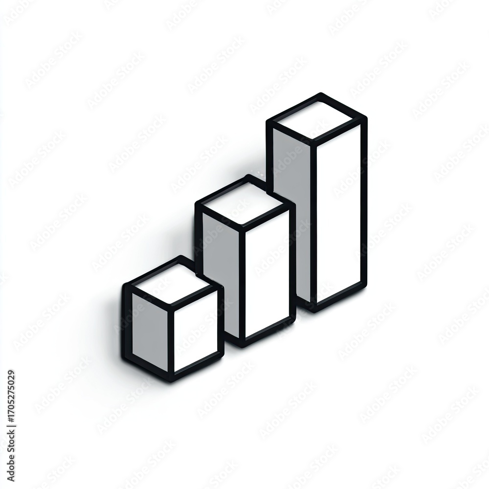Obraz premium Three white isometric cubes ascending, outlined in black, cast a subtle shadow on a white background; representing growth or progress