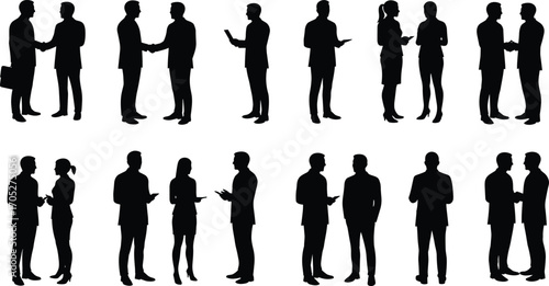 Business people silhouettes shaking hands, discussing, using laptop and tablet, corporate communication, professional men and women in formal attire vector