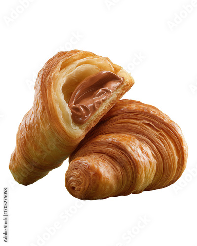 Buttery croissant pastry on black background, macro