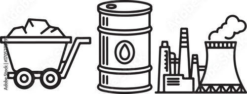 Set of Line Art Icons: Coal, Oil Barrel, and Industrial Power Plant