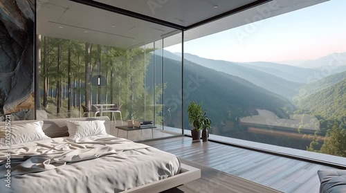 video of a modern minimalist guest room interior inside elevated mountain villa, spacious and bright, floor to ceiling glass wall with panoramic forest view, sleek white concrete walls, natural wood 