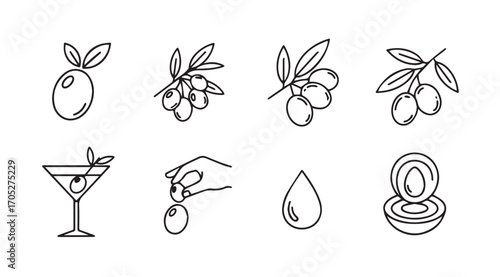 Collection of olive icons featuring a martini and olive oil silhouette