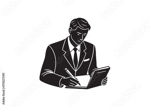 Serious Businessman Reviewing Documents; Monochrome Vector Illustration; Corporate, Professional Style.