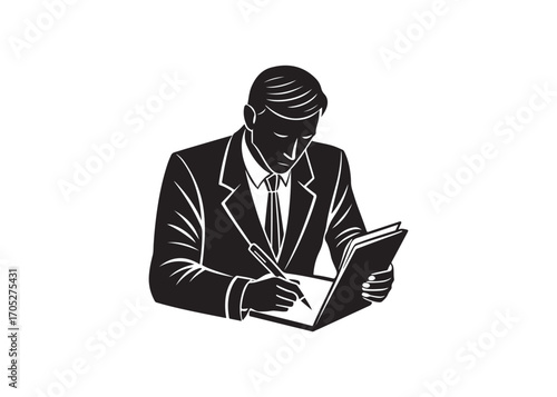 Serious Businessman Reviewing Documents; Monochrome Vector Illustration; Corporate, Professional Style.