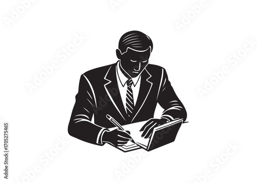 Serious Businessman Reviewing Documents; Monochrome Vector Illustration; Corporate, Professional Style.