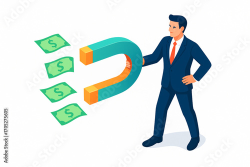 Attract new wealth using a magnet, businessman in suit pulling in money for his startup company