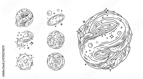 Collection of ornate oval designs featuring celestial and abstract patterns silhouette