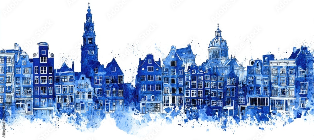 Obraz premium Watercolor cityscape of Amsterdam, blue hues