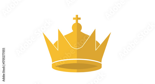 A simple, flat graphic illustration of a golden royal crown with a Christian cross on top, isolated on a white background.