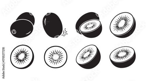 Collection of whole and sliced kiwi fruits in a distinctive silhouette style