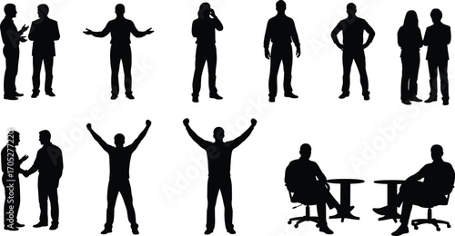 Business people silhouettes standing, talking, celebrating success, shaking hands, sitting at office tables, professional teamwork and communication vector illustration