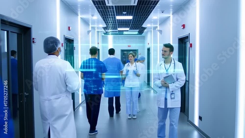 Dedicated healthcare team moving along hospital corridor for patients care