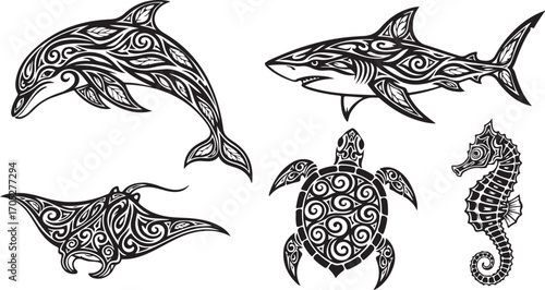 Intricate Black and White Tribal Ocean Animals Collection
