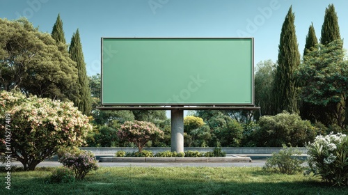 Billboard in a park setting with suburban landscape and greenery for advertising mockup